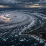 Aerial view of Hurricane Isaias, a major Category 3 hurricane, spiraling over the Gulf of Mexico as it approaches the Florida Panhandle coastline at dusk, with lightning visible in the eyewall.