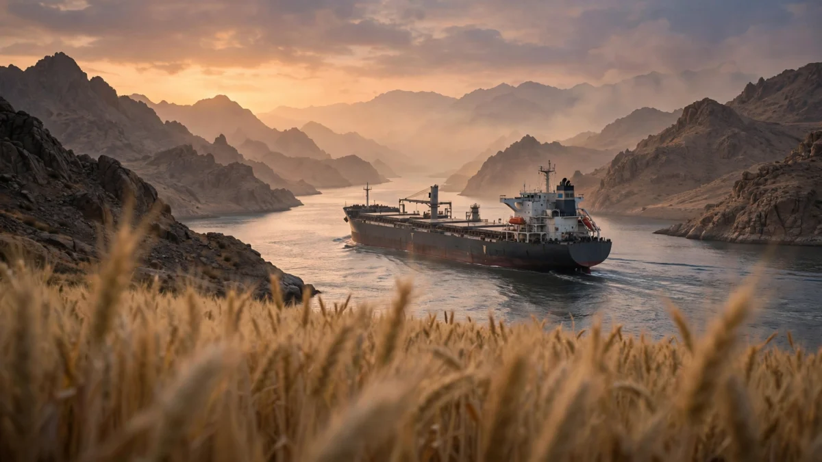A bulk carrier sailing through the narrow Strait of Hormuz at dusk, with golden wheat in the foreground