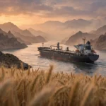 A bulk carrier sailing through the narrow Strait of Hormuz at dusk, with golden wheat in the foreground