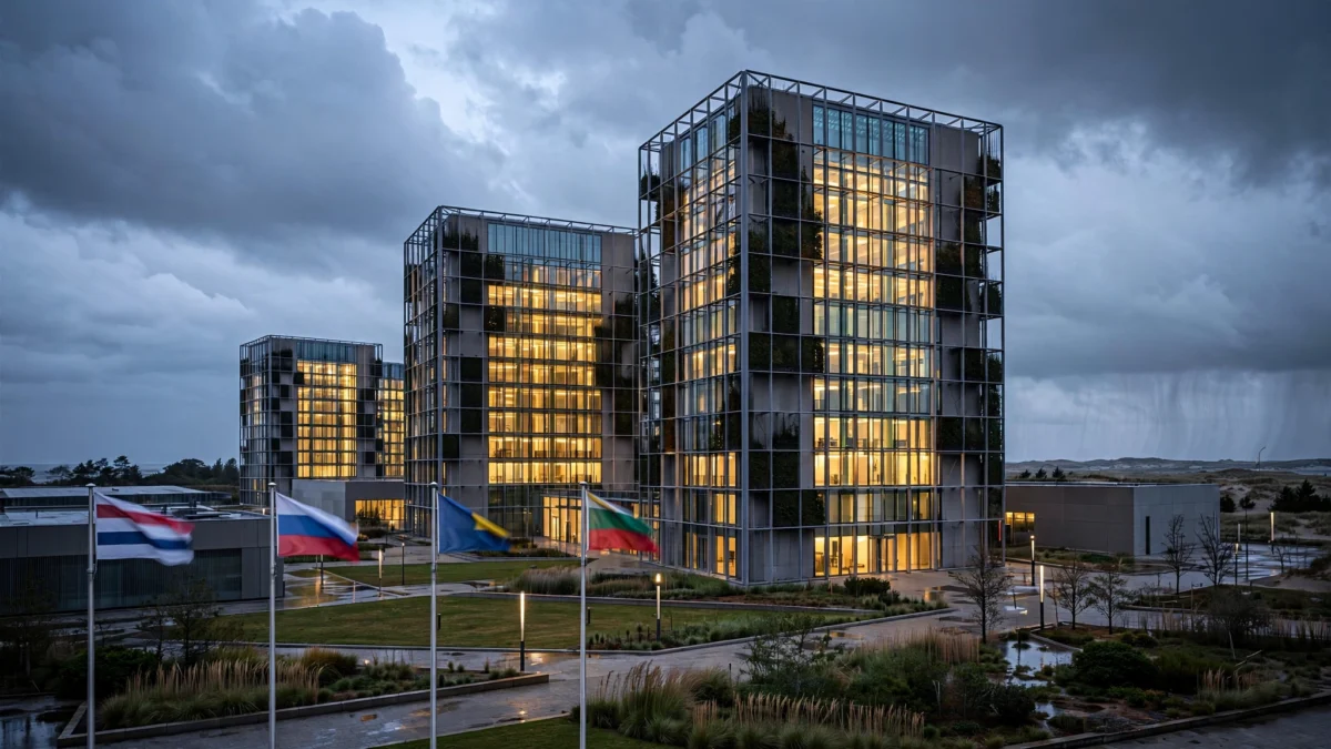 The International Criminal Court headquarters in The Hague at dusk, its glass facade lit against a stormy sky, with national flags in the foreground.
