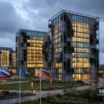 The International Criminal Court headquarters in The Hague at dusk, its glass facade lit against a stormy sky, with national flags in the foreground.