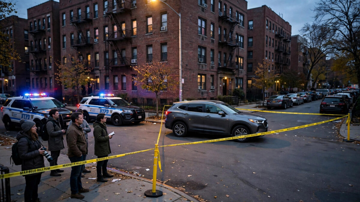 Yellow police tape cordons off a gray SUV on a Bronx residential street at dusk with NYPD patrol cars and onlookers behind the line after an ICE agent shooting in Marble Hill.