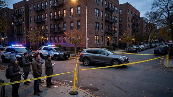 Yellow police tape cordons off a gray SUV on a Bronx residential street at dusk with NYPD patrol cars and onlookers behind the line after an ICE agent shooting in Marble Hill.