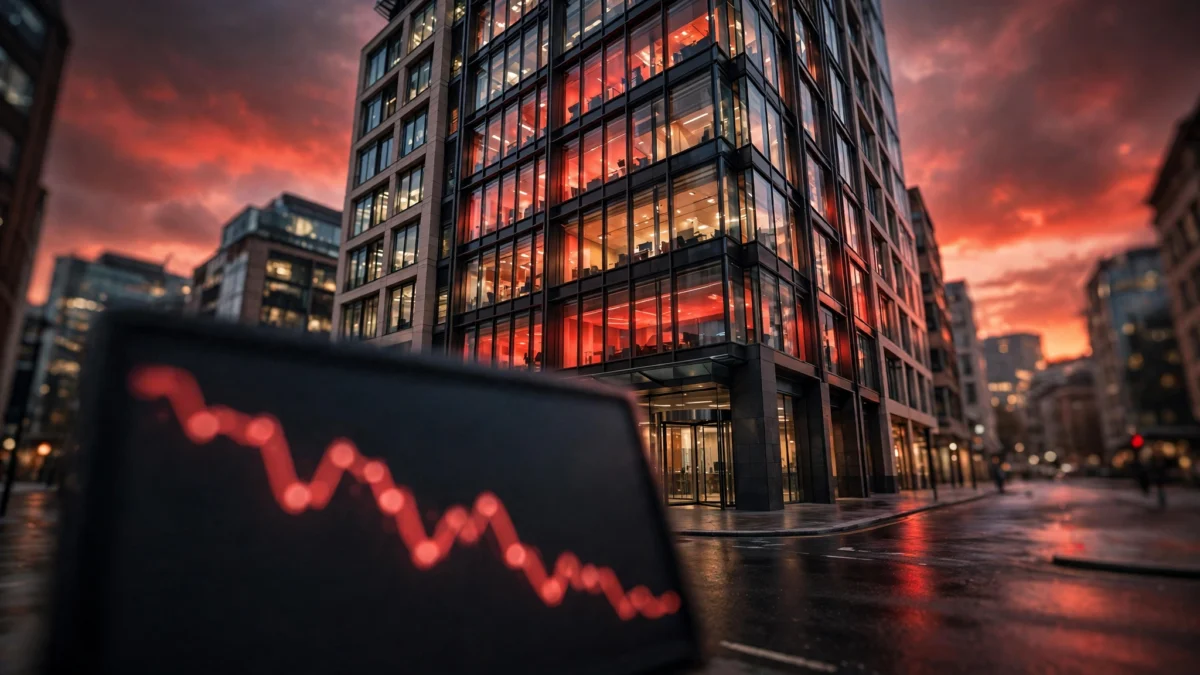 Modern London financial office building at dusk with a falling red stock chart display in the foreground
