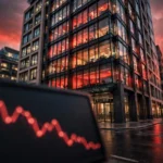 Modern London financial office building at dusk with a falling red stock chart display in the foreground