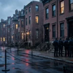 Predawn Washington DC townhouse street with federal law enforcement agents outside a brick home during a search warrant execution.