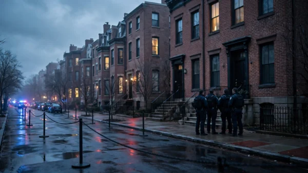Predawn Washington DC townhouse street with federal law enforcement agents outside a brick home during a search warrant execution.