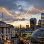Bank of England and City of London financial district skyline at dusk with a glowing chart line across the sky