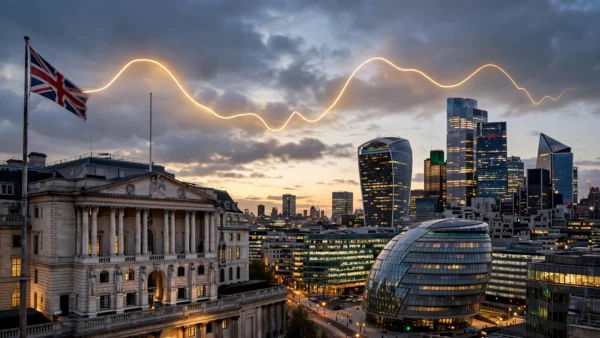 Bank of England and City of London financial district skyline at dusk with a glowing chart line across the sky