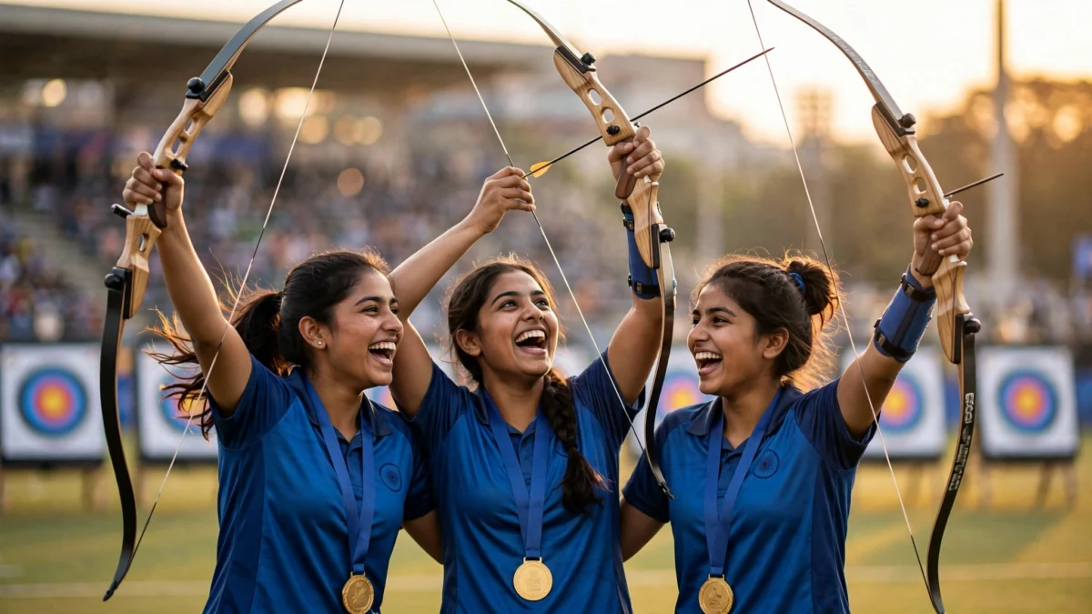 Indian women's recurve archery team celebrating their historic Asian Games gold medal win at Nagoya 2026
