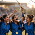 Indian women's recurve archery team celebrating their historic Asian Games gold medal win at Nagoya 2026