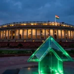 India's Parliament House in New Delhi at dusk with a glowing green upward arrow symbolising rising GST collections.