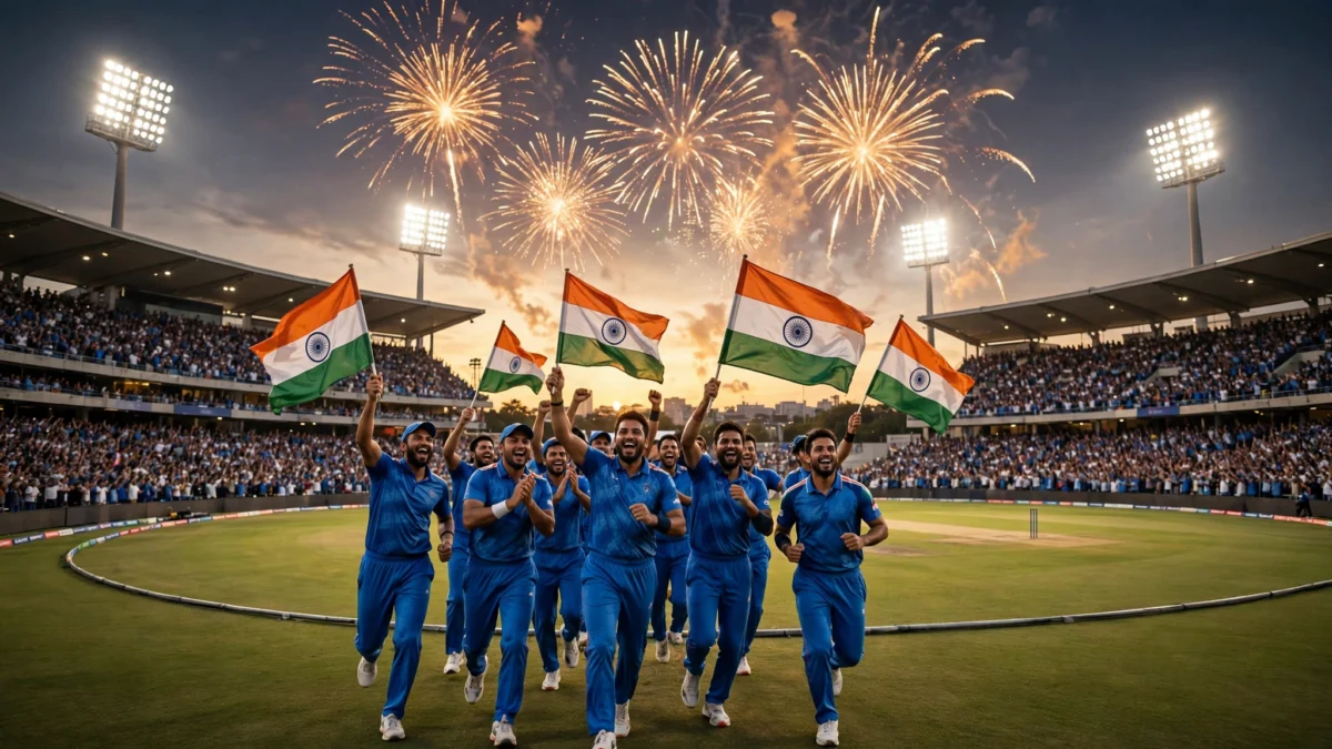 Indian cricketers in blue jerseys celebrate with the national flag during a victory lap under stadium fireworks after beating Pakistan in the Asian Games men's cricket final