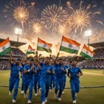 Indian cricketers in blue jerseys celebrate with the national flag during a victory lap under stadium fireworks after beating Pakistan in the Asian Games men's cricket final