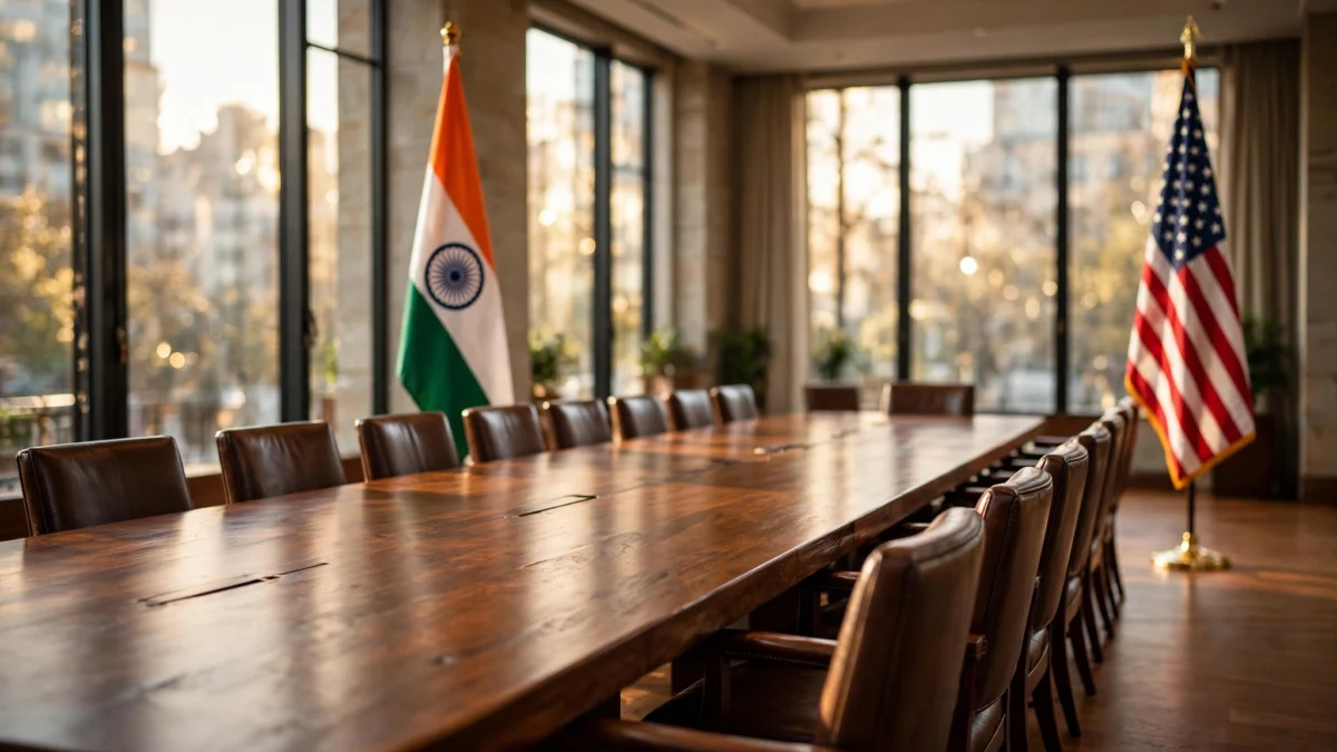 An empty bilateral negotiation room with a long conference table, the Indian flag on one side and the American flag on the other, lit by warm daylight