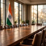 An empty bilateral negotiation room with a long conference table, the Indian flag on one side and the American flag on the other, lit by warm daylight