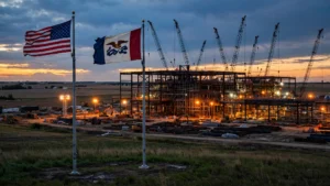 Steel mill under construction at dusk with the American and Iowa flags flying in the foreground