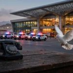 Vintage telephone and white dove in front of an airport terminal at dusk with a smoke column and emergency vehicles, symbolising Iran's mediation offer amid the Saudi-Houthi conflict.