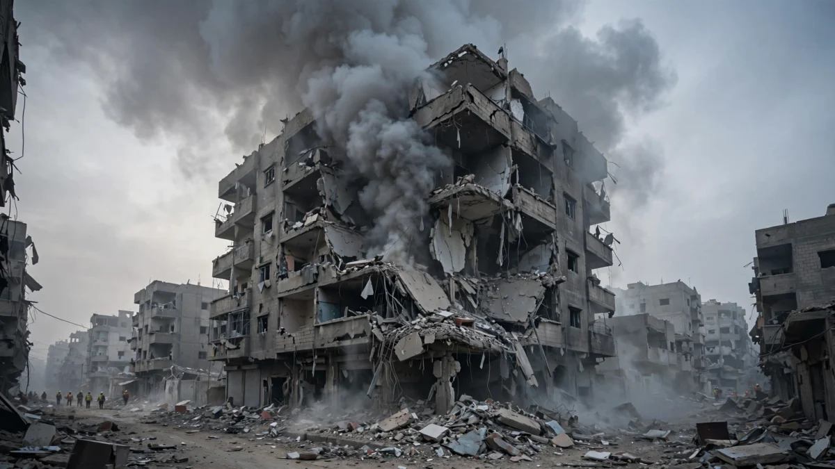 Damaged apartment block with rising smoke in Gaza City after an Israeli airstrike targeting Hamas leader Ali al-Amoudi, October 2026