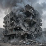 Damaged apartment block with rising smoke in Gaza City after an Israeli airstrike targeting Hamas leader Ali al-Amoudi, October 2026