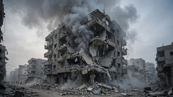 Damaged apartment block with rising smoke in Gaza City after an Israeli airstrike targeting Hamas leader Ali al-Amoudi, October 2026