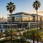 Modern university campus building with palm trees at golden hour, representing Carnegie Mellon's planned Miami campus