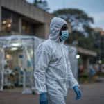 A health worker in protective equipment outside a hospital isolation unit in Nairobi, Kenya, at dusk.