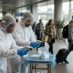 Health workers in protective equipment conducting passenger screening at Jomo Kenyatta International Airport in Nairobi during Kenya's Ebola preparedness response