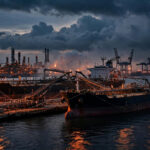 Oil tankers loading fuel at the South Korean port of Ulsan at dusk, illuminated refinery towers and cranes behind them, dark clouds overhead