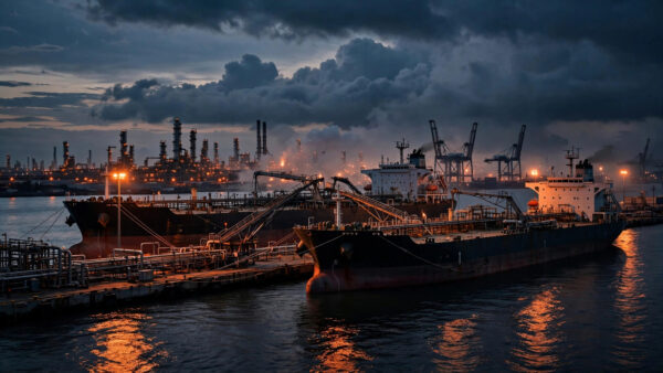 Oil tankers loading fuel at the South Korean port of Ulsan at dusk, illuminated refinery towers and cranes behind them, dark clouds overhead