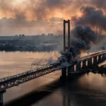 Kyiv's Southern Bridge over the Dnipro River at dusk, smoke rising from a drone strike on the deck with gridlocked traffic