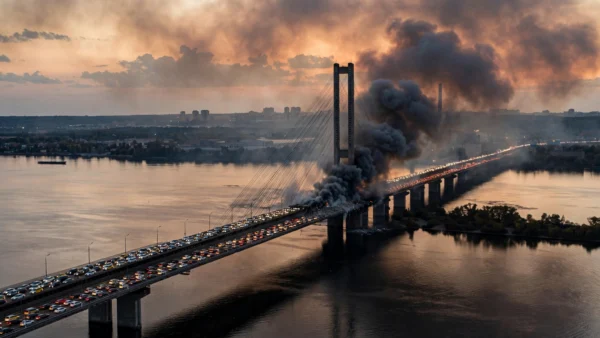 Kyiv's Southern Bridge over the Dnipro River at dusk, smoke rising from a drone strike on the deck with gridlocked traffic