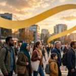 Photorealistic editorial image of a diverse crowd walking through a city street with a giant measuring tape ribbon floating above them, symbolising the global health threat of obesity.