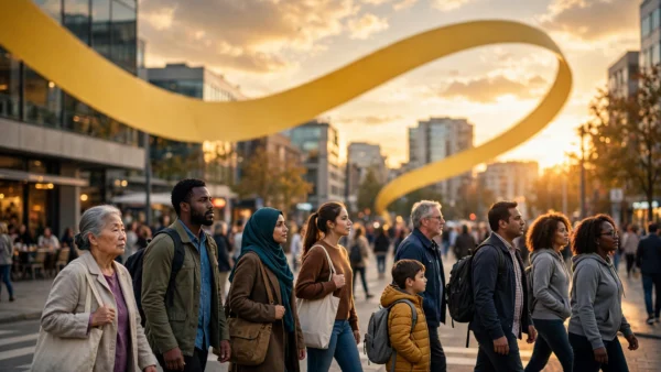 Photorealistic editorial image of a diverse crowd walking through a city street with a giant measuring tape ribbon floating above them, symbolising the global health threat of obesity.