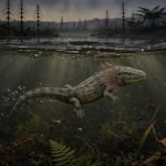 Artist's reconstruction of Westlothiana 'Lizzie', the 345-million-year-old Scottish fossil, swimming in a Carboniferous lagoon with visible gills and claw-tipped limbs.