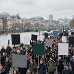 Crowd of protesters carrying blank placards marching along the River Thames in central London during a pro-Palestine demonstration.