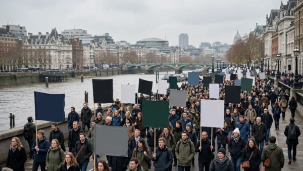 Crowd of protesters carrying blank placards marching along the River Thames in central London during a pro-Palestine demonstration.