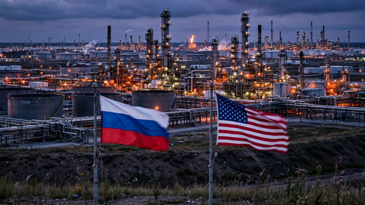 Oil refinery complex at dusk with Russian and American flags flying in the foreground