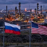 Oil refinery complex at dusk with Russian and American flags flying in the foreground