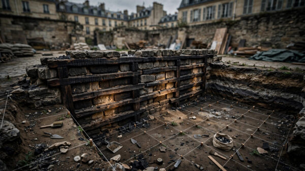 Excavation of the charred 2,000-year-old Celtic fort wall of Lutetia in a Paris hospital courtyard, September 2026