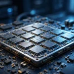 Photorealistic editorial close-up of a modern AI processor chip with multiple silicon chiplets mounted on a dark blue circuit board, representing Microsoft's new Maia 300 custom AI chip.