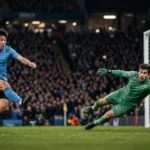 A Manchester City striker in a sky-blue shirt smashing a shot past the diving goalkeeper during the 3-0 Premier League win at Anfield.