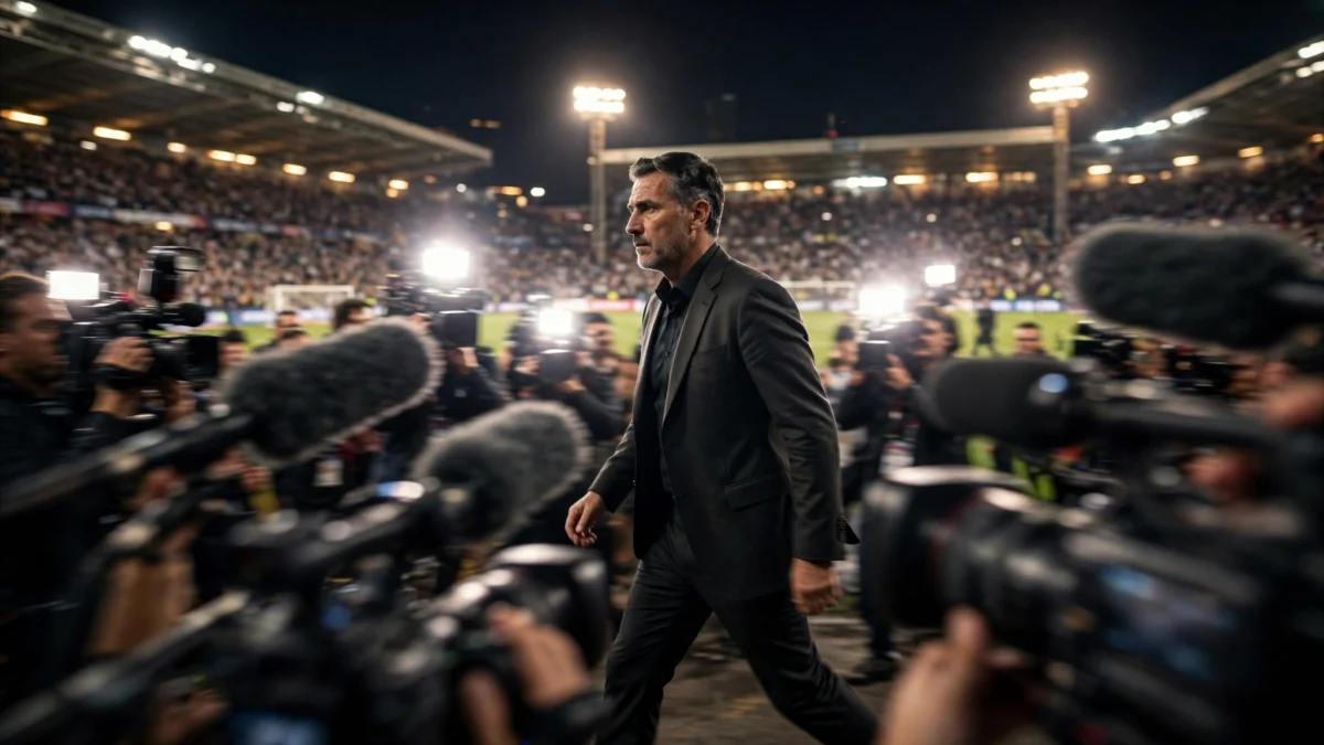 A football manager in a dark suit walking through a media mixed zone of camera flashes, raised microphones in the foreground, a packed floodlit stadium behind — illustrating Manchester City boss Enzo Maresca facing the press after the club's guilty verdict.