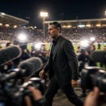 A football manager in a dark suit walking through a media mixed zone of camera flashes, raised microphones in the foreground, a packed floodlit stadium behind — illustrating Manchester City boss Enzo Maresca facing the press after the club's guilty verdict.
