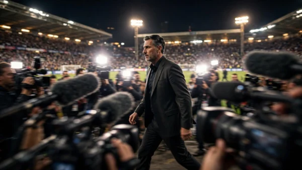 A football manager in a dark suit walking through a media mixed zone of camera flashes, raised microphones in the foreground, a packed floodlit stadium behind — illustrating Manchester City boss Enzo Maresca facing the press after the club's guilty verdict.