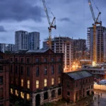 Manchester's Ancoats regeneration area at dusk with Victorian red-brick mills beside new apartment towers under construction, illustrating the contested development land