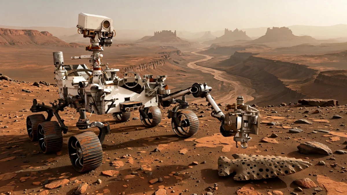 NASA's Perseverance rover on Mars extends its robotic arm toward a spotted rock similar to Cheyava Falls, the source of the Sapphire Canyon potential biosignature sample