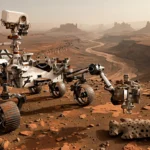 NASA's Perseverance rover on Mars extends its robotic arm toward a spotted rock similar to Cheyava Falls, the source of the Sapphire Canyon potential biosignature sample