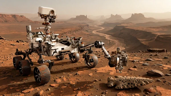 NASA's Perseverance rover on Mars extends its robotic arm toward a spotted rock similar to Cheyava Falls, the source of the Sapphire Canyon potential biosignature sample