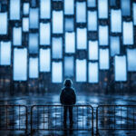 Child's silhouette behind a barrier fence facing a towering wall of glowing smartphone screens, symbolising the global social media age bans for children